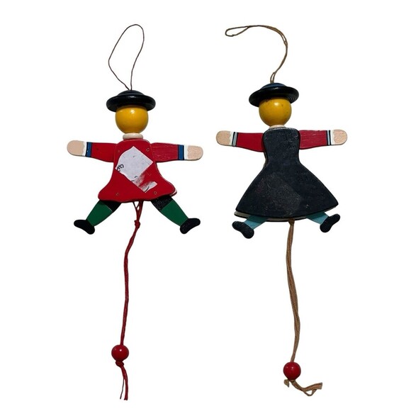 VTG Wooden Christmas Pull String Ornaments Articulated European Boy Girl Set - Picture 4 of 5